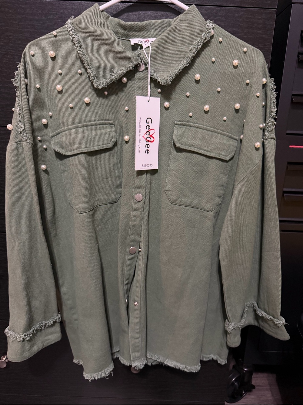 NWT GeeGee Pearl Embellished Sage Shacket/Jacket